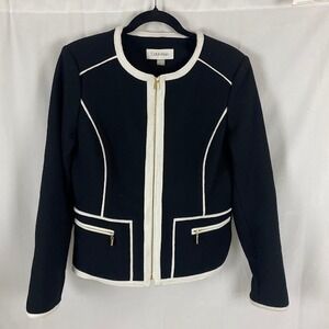 Calvin‎ Klein Womens Black White Contrast Trim Zip Front Blazer Jacket Size 8